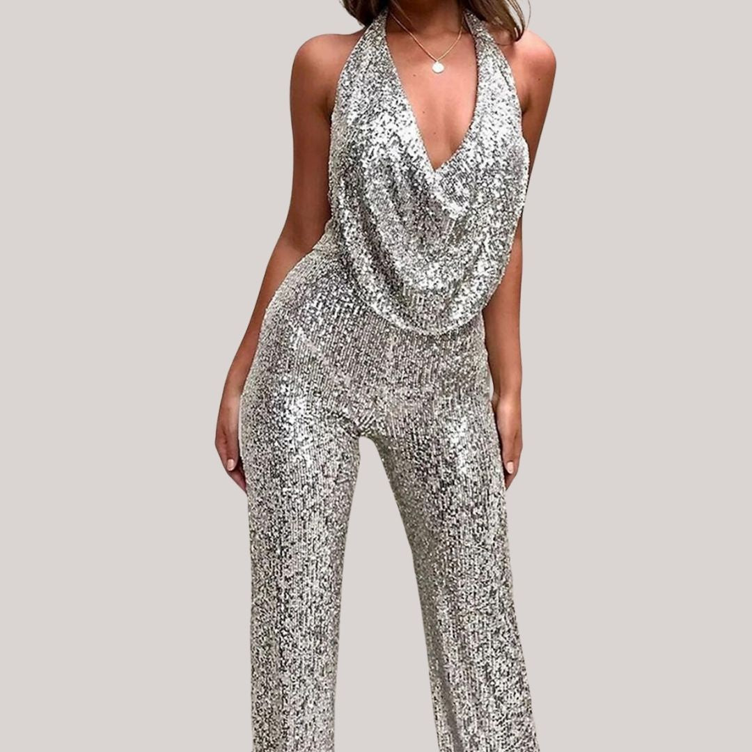 Variant image for Lena Damen Jumpsuit Festlich - Pailletten Overall Halfterhals Mit Tiefem V-Ausschnitt, Weites Bein, Elegant Für Hochzeiten-21