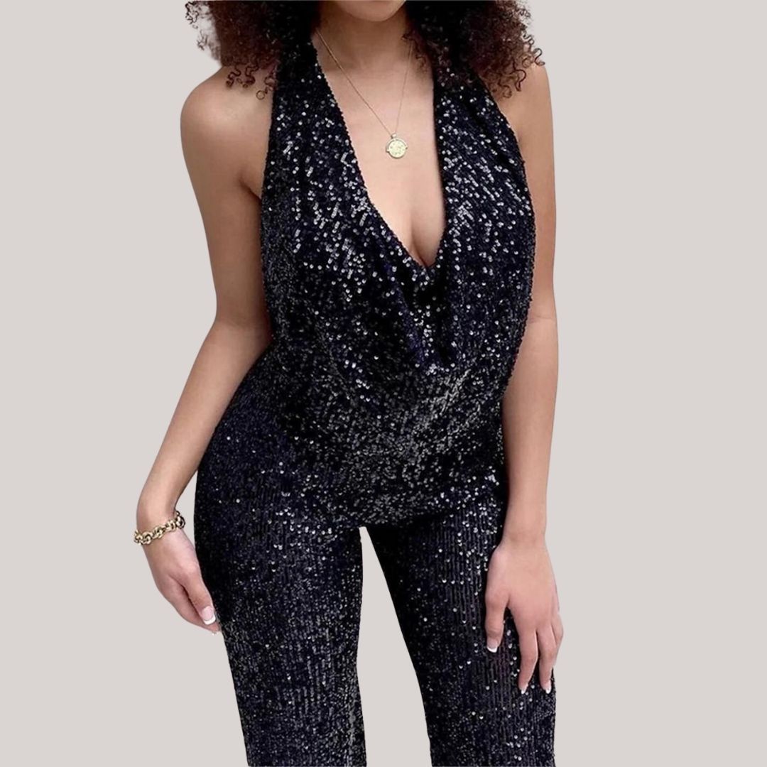 Variant image for Lena Damen Jumpsuit Festlich - Pailletten Overall Halfterhals Mit Tiefem V-Ausschnitt, Weites Bein, Elegant Für Hochzeiten-16