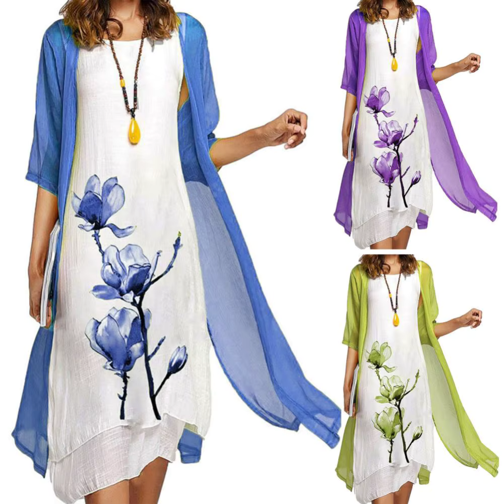 Evangeline - Leichtes Kleid mit Blumendruck und transparentem Kimono