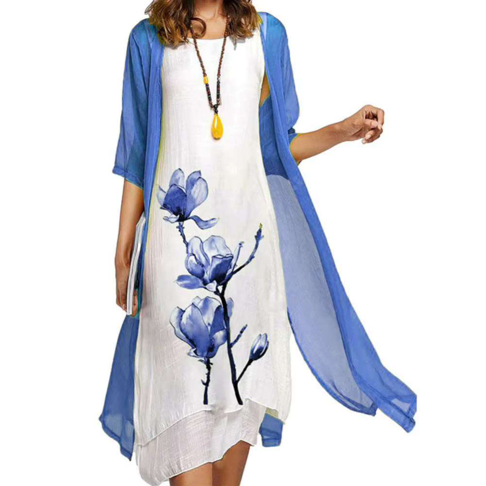 Evangeline - Leichtes Kleid mit Blumendruck und transparentem Kimono