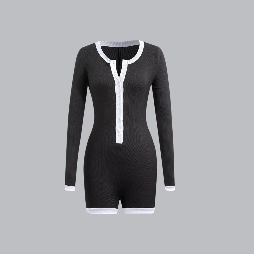 Lena Damen Jumpsuit Schwarz - Langarm Overall mit Tiefem V-Ausschnitt und Kontrastverkleidung - Lässig Chic für Alle Jahreszeiten-4