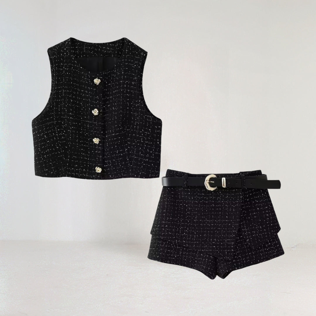 Lena Damen Tweed Strampler Ärmellos Mit Goldknopf Und Gürtel Taille Für Frühling/Sommer-2