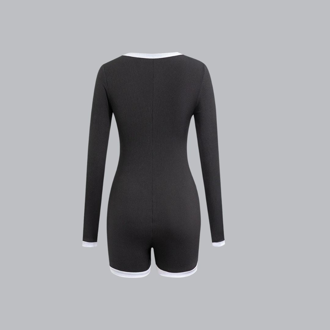 Lena Damen Jumpsuit Schwarz - Langarm Overall mit Tiefem V-Ausschnitt und Kontrastverkleidung - Lässig Chic für Alle Jahreszeiten-5