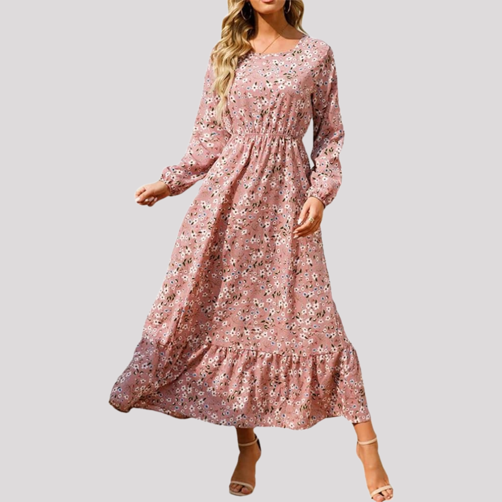 Flavine - Damen Langarm-Sommerkleid mit Blumenmuster