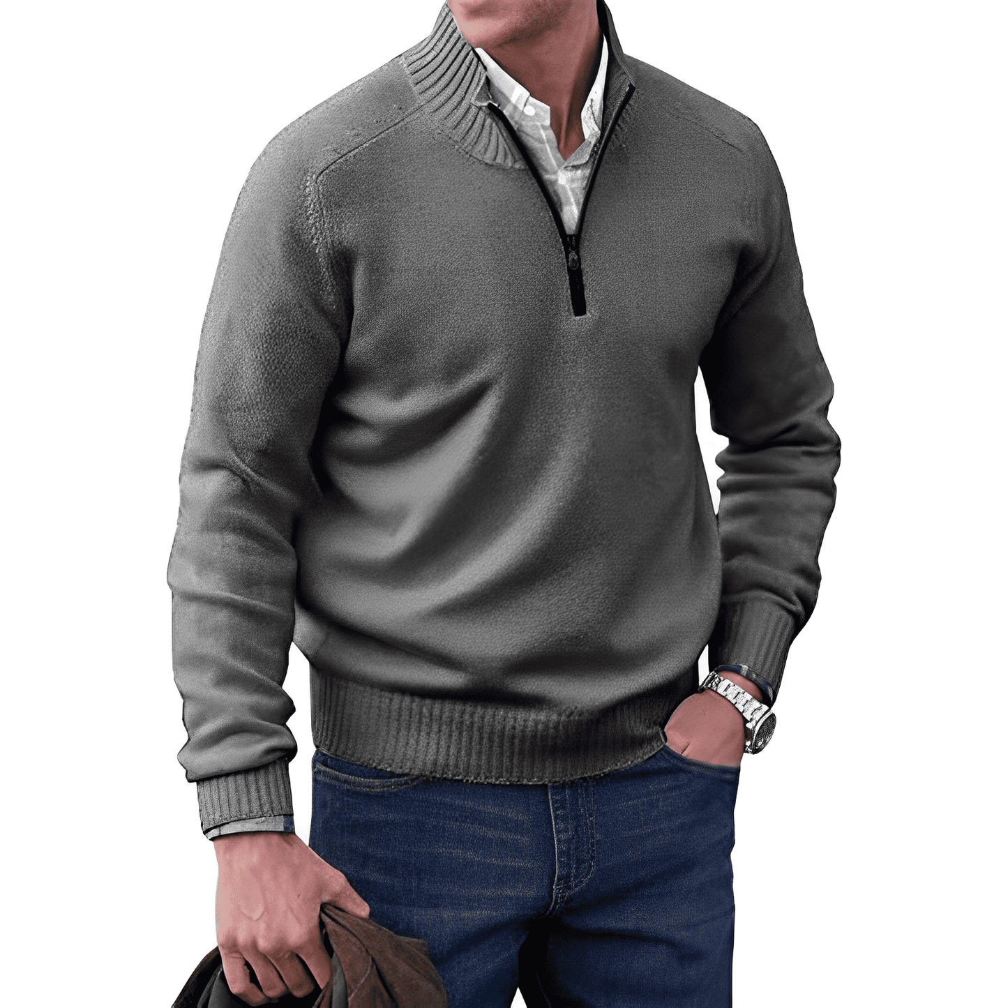 Herrenpullover Grau Größe M Strick Viertel-Zip-6
