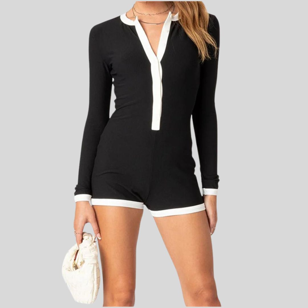 Lena Damen Jumpsuit Schwarz - Langarm Overall mit Tiefem V-Ausschnitt und Kontrastverkleidung - Lässig Chic für Alle Jahreszeiten-2