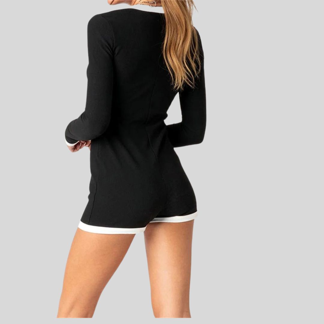 Lena Damen Jumpsuit Schwarz - Langarm Overall mit Tiefem V-Ausschnitt und Kontrastverkleidung - Lässig Chic für Alle Jahreszeiten-3