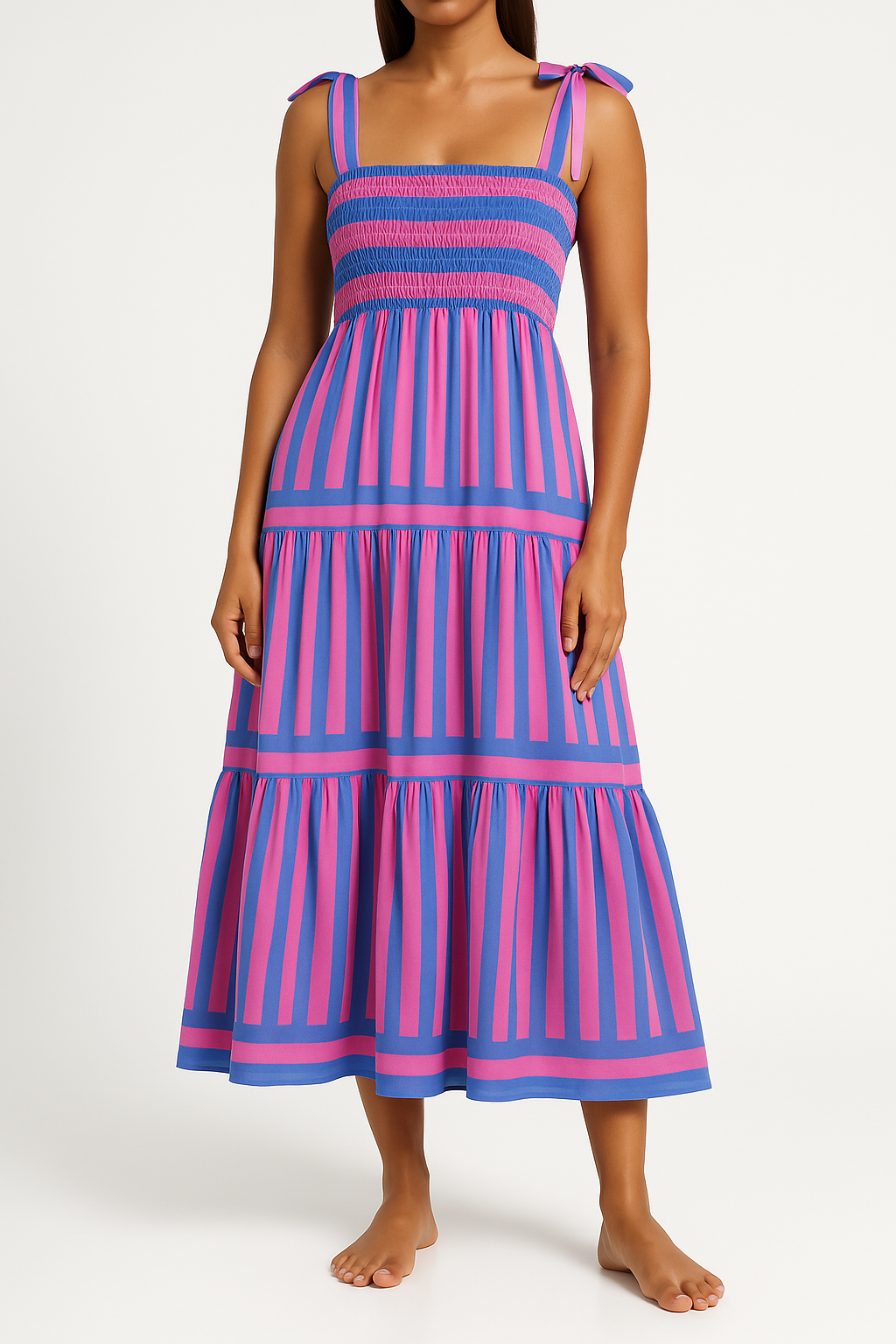 Variant image for Lena Damenkleid - Langes Sommerkleid mit Shirred Mieder, gestuftem Rock und verstellbaren Gurten aus Baumwollmischung-1