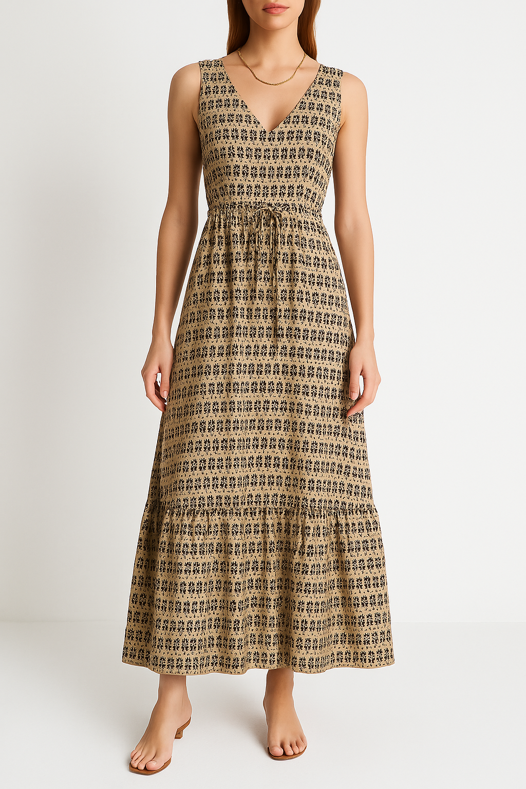 Variant image for Lena Damen Midi Kleid - Ärmellos V-Ausschnitt Bohemian Print Sommerkleid für Freizeit und Urlaub-5