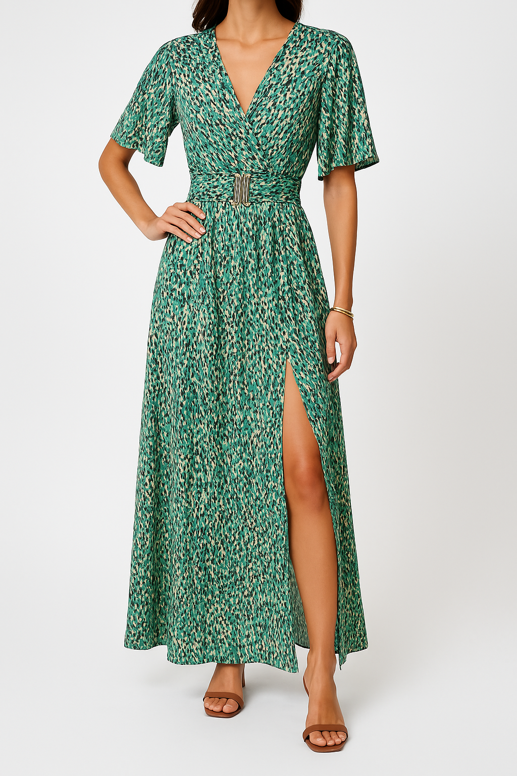Variant image for Lena Damen Maxikleid Sommer - Wickel V-Ausschnitt, Kurzarm, Gürtel Taille, Seitenschlitz, Elegantes Lange Kleid-1