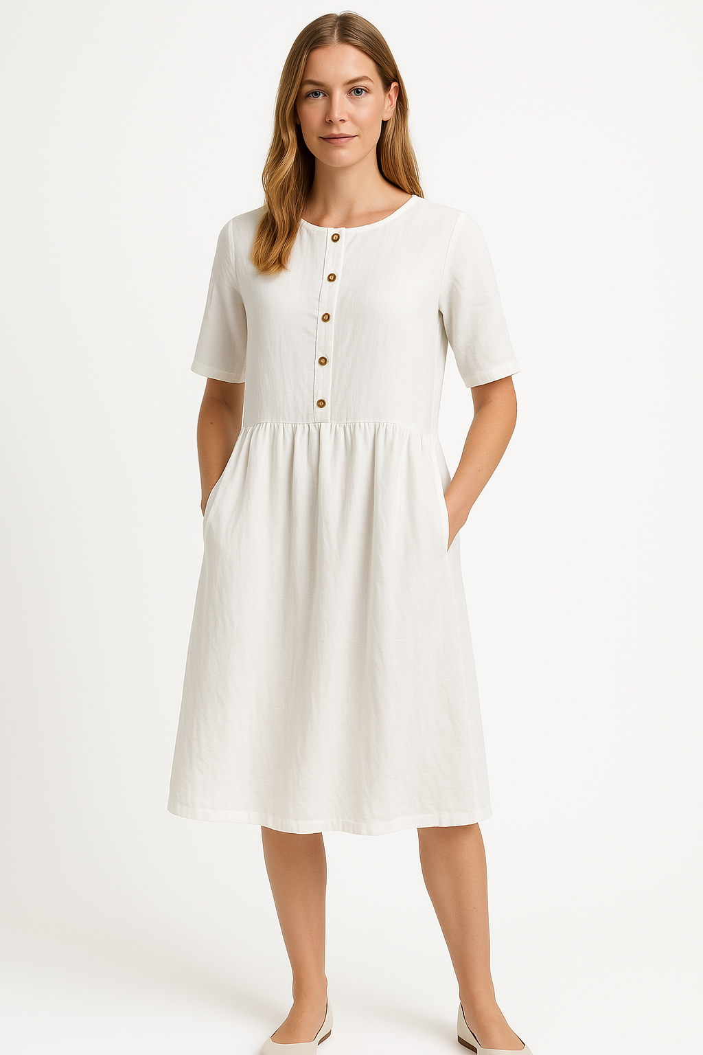 Lena Damen Midi Kleid - Baumwollmischung - Entspannte Passform - Kurzarm - Praktische Taschen - Sommerkleider Damen-1