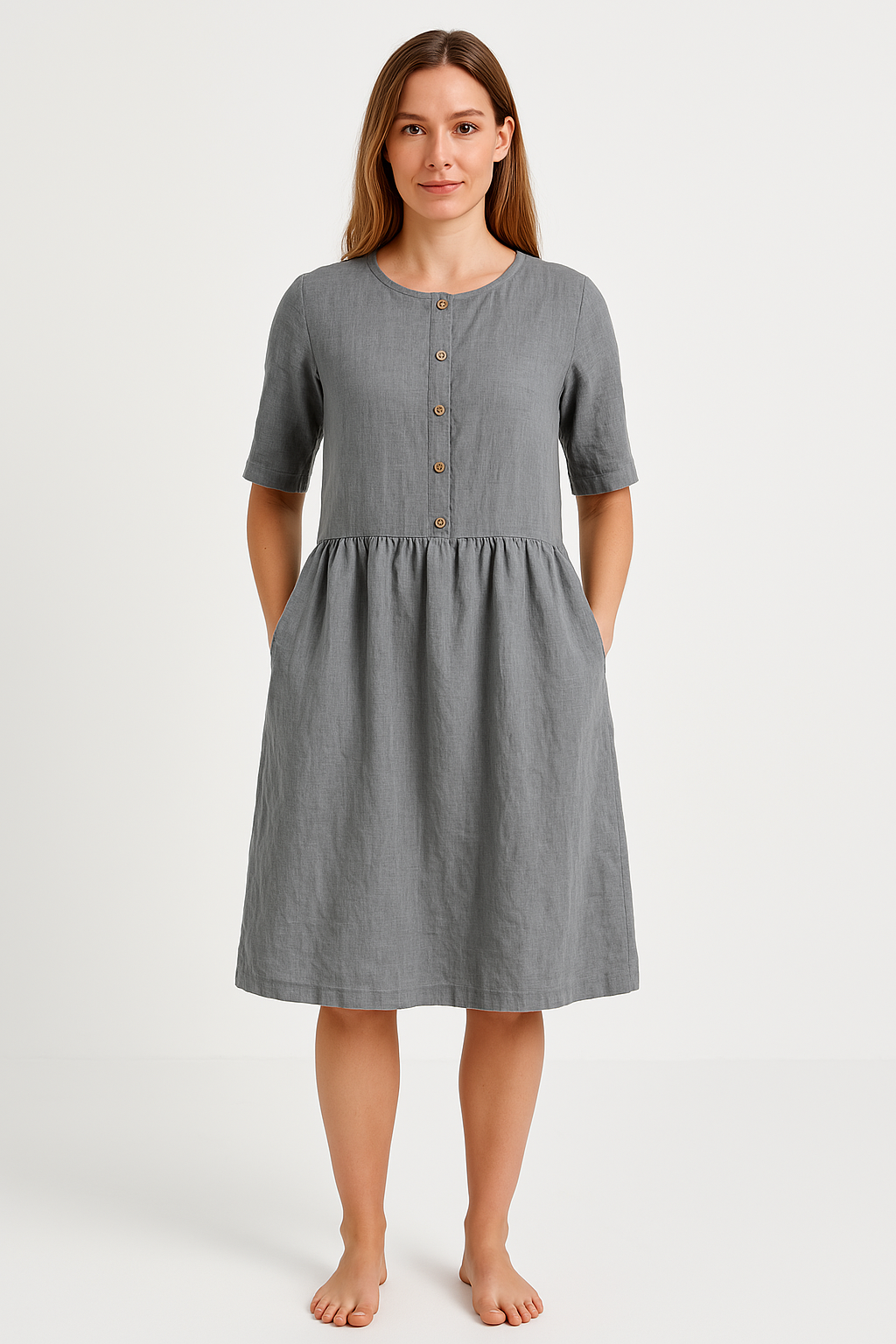Lena Damen Midi Kleid - Baumwollmischung - Entspannte Passform - Kurzarm - Praktische Taschen - Sommerkleider Damen-3