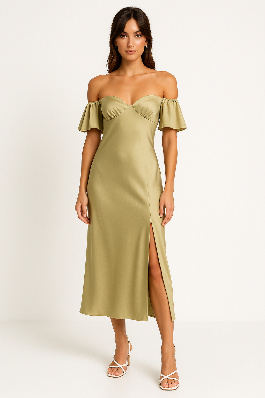 Lena Damen Midi Kleid - Satin-Feeling - Off Schulter - V-Back - Seitenschlitz - Ideal Für Cocktailpartys & Hochzeitsgäste-1