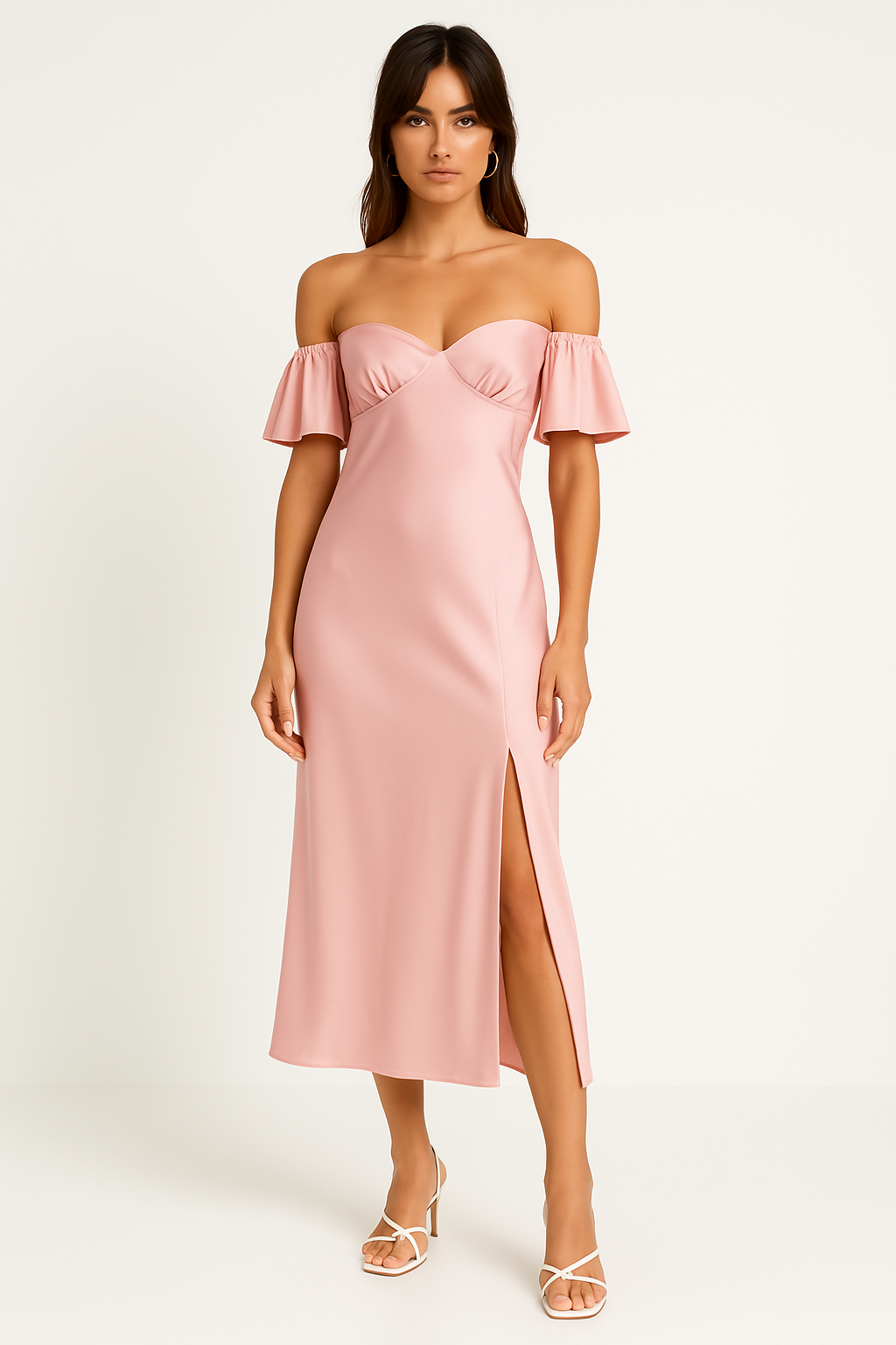 Lena Damen Midi Kleid - Satin-Feeling - Off Schulter - V-Back - Seitenschlitz - Ideal Für Cocktailpartys & Hochzeitsgäste-2