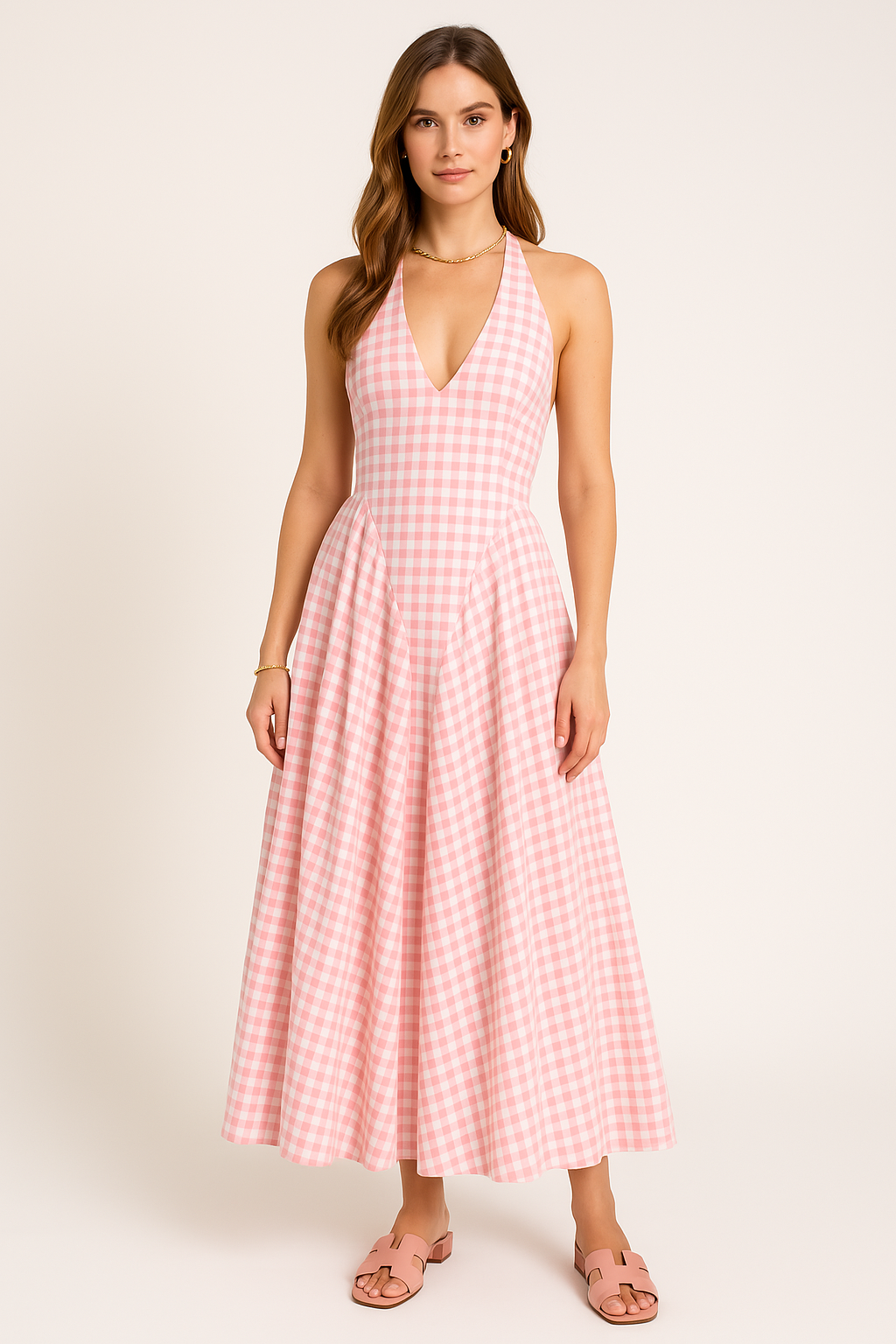 Lena Damen Halter Neck Kleid - Slim Fit Midi V-Ausschnitt - Elegantes Sommerkleid für Gartenpartys-1