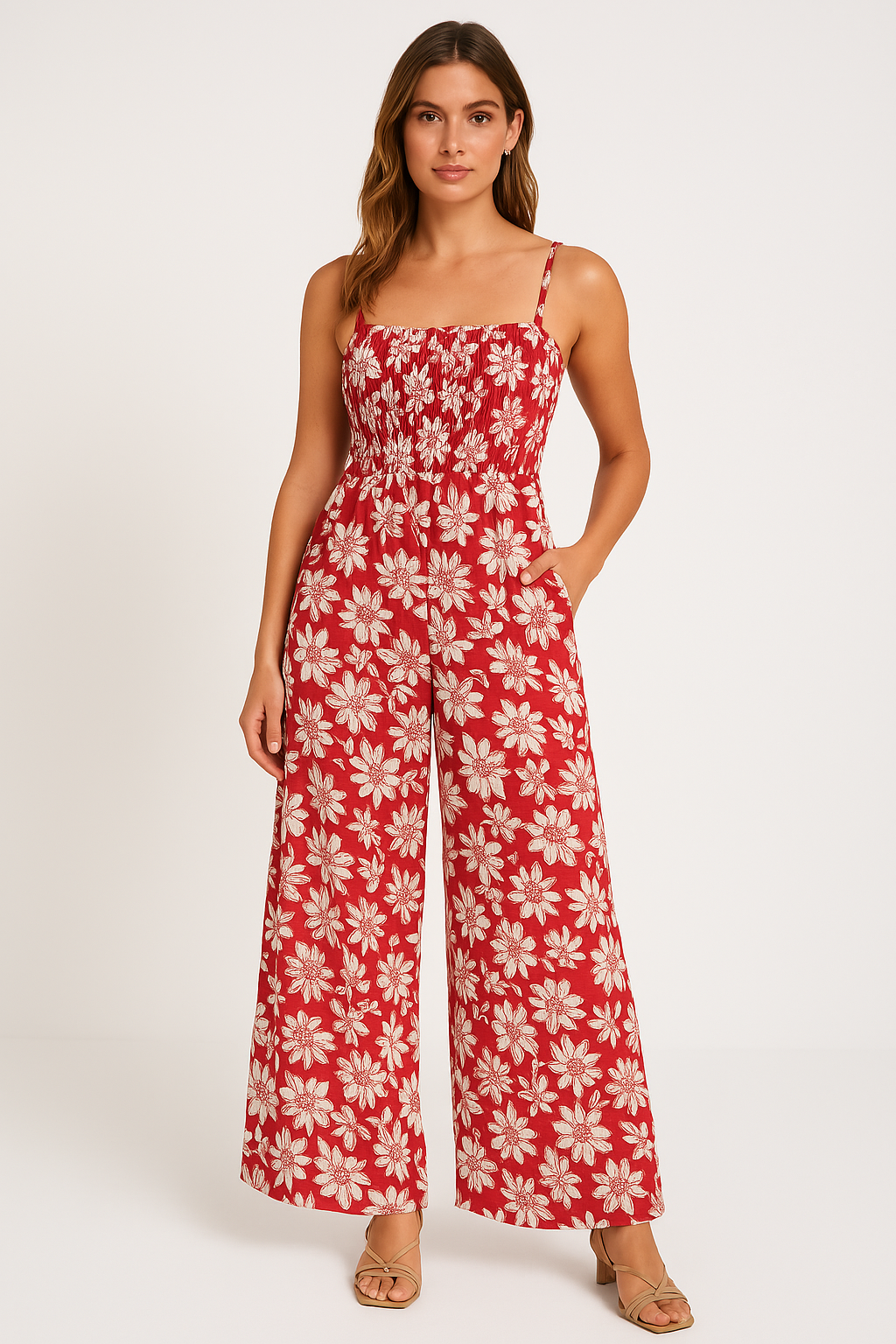 Lena Damen Jumpsuit Weiß - Festlich Mit Blumendruck, Smocked Mieder & Weitem Bein - Ideal Für Sommerevents-1