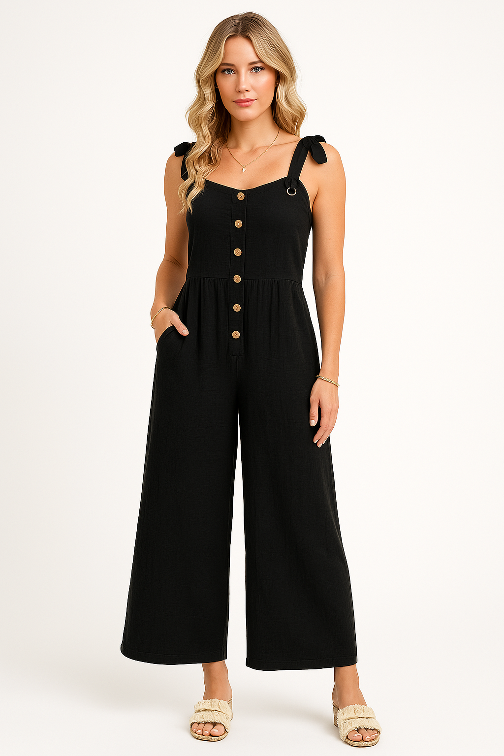 Lena Damen Jumpsuit Sommer - Eleganter Overall mit Weitem Bein und Knopf-Detail, Schwarz Baumwollmischung-1