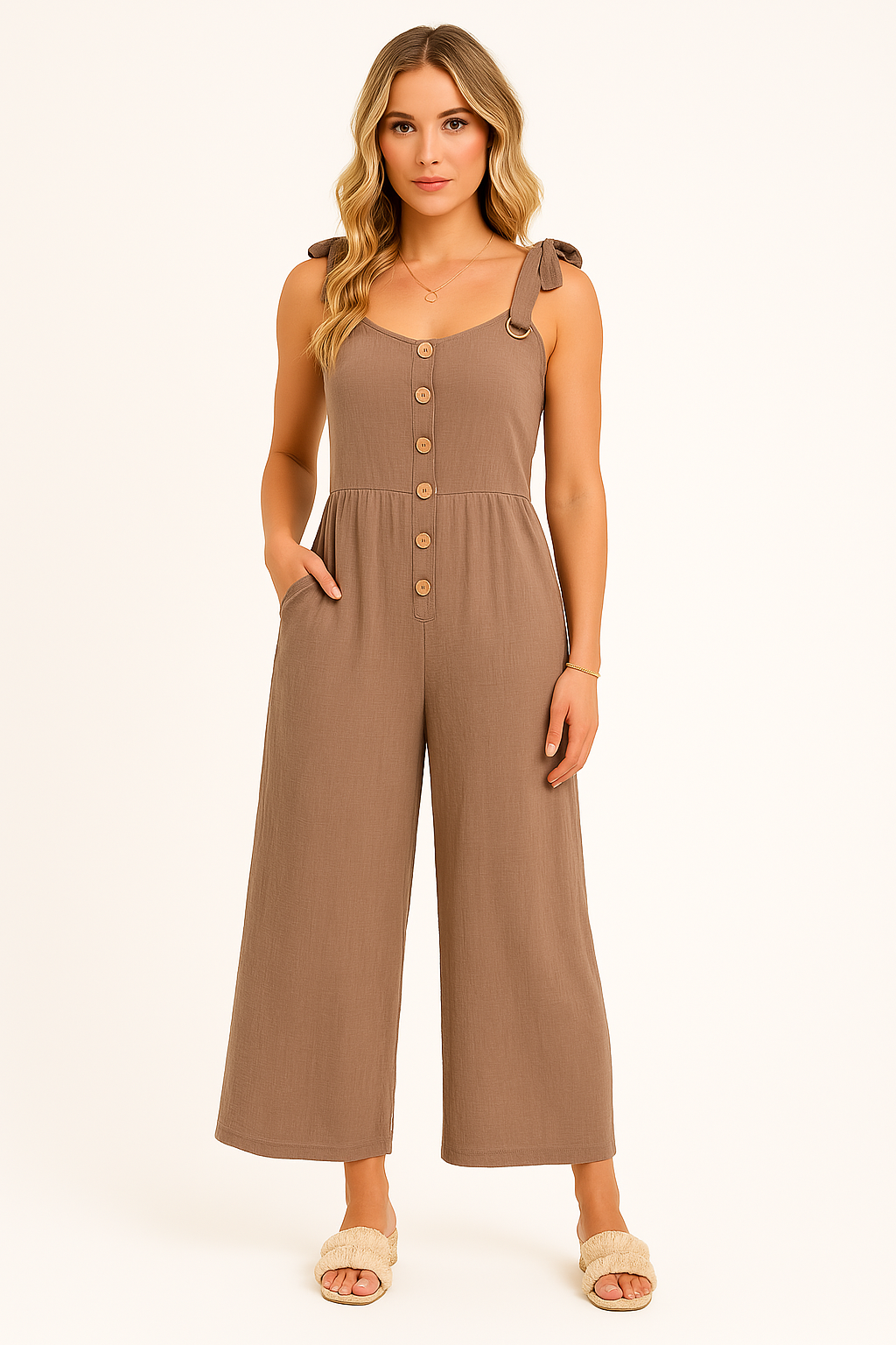 Lena Damen Jumpsuit Sommer - Eleganter Overall mit Weitem Bein und Knopf-Detail, Schwarz Baumwollmischung-3