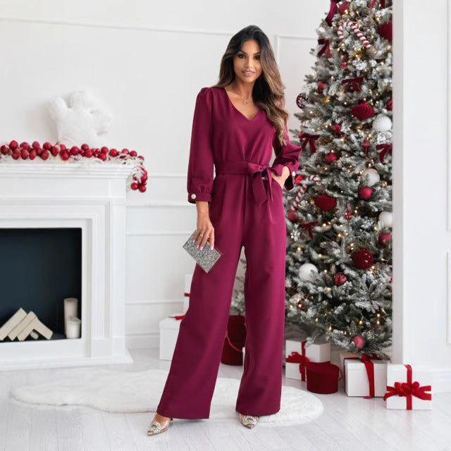 Lena Damen Jumpsuit Elegant - V-Ausschnitt, Weites Bein, Langarm, Ideal für Sommer und Frühling, Jumpsuit Weiß-3