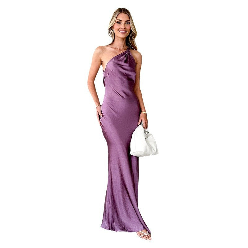 Lena Abendkleid Lang - Satin - Slim Fit - Ein Schulter - Elegantes Bodenlanges Kleid für Hochzeiten und Abendveranstaltungen-4