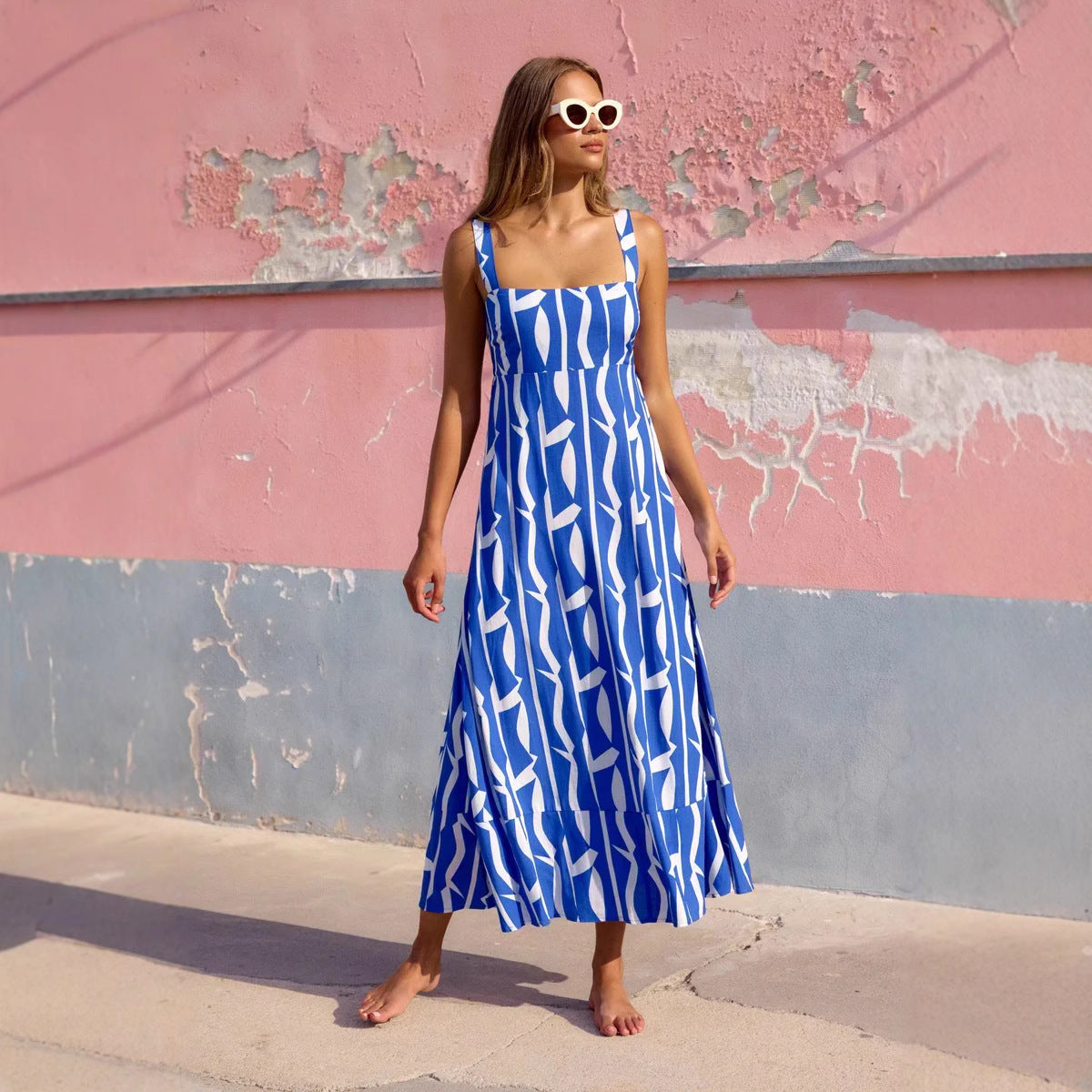 Lena Maxikleid Damen Sommer - Spaghetti-Träger - Abstrakter Blumendruck - Leichtes Langes Kleid-4