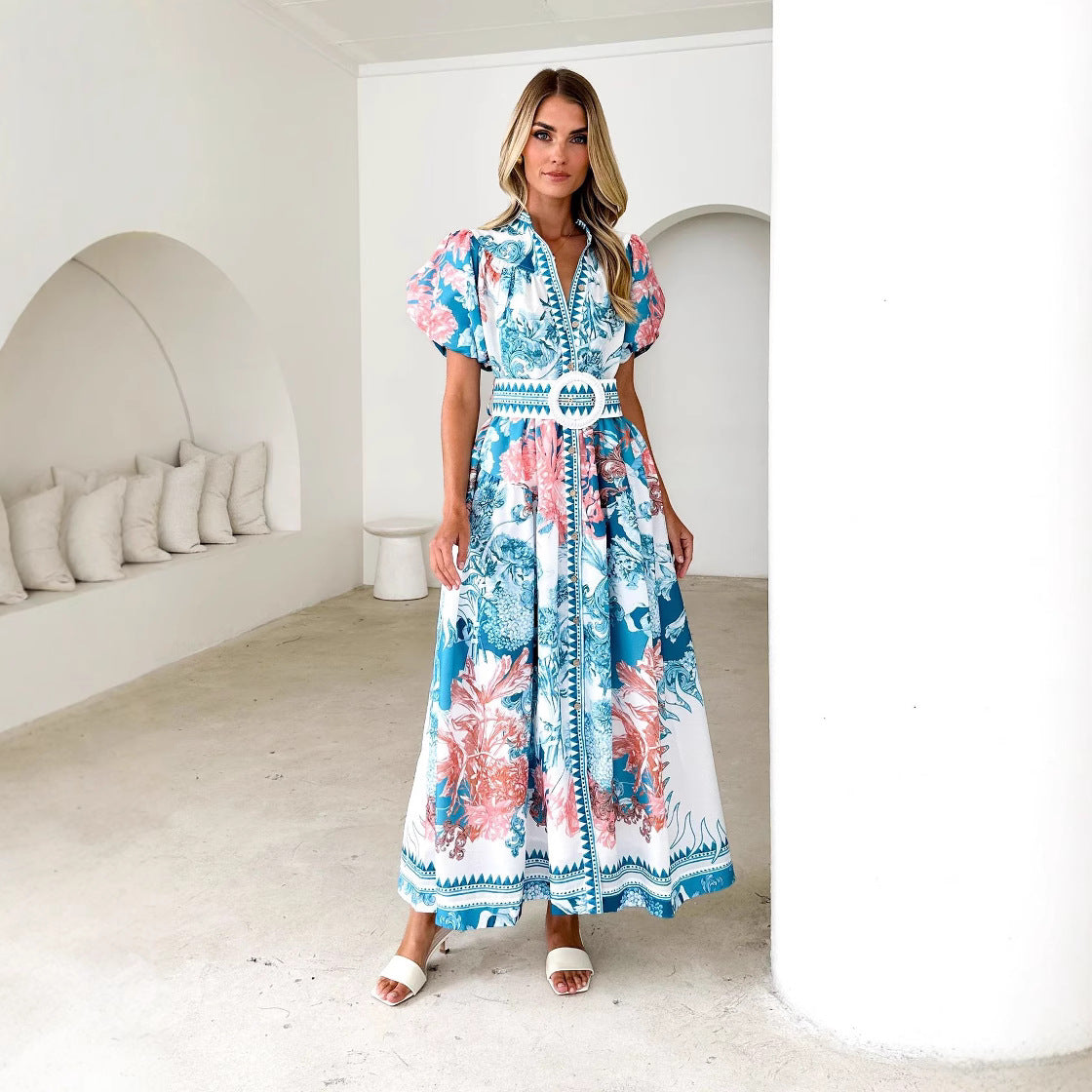 Lena Maxikleid Damen Sommer - Puffärmel, Taillenkrawatte, Blumendruck, Ausgestellter Rock-2