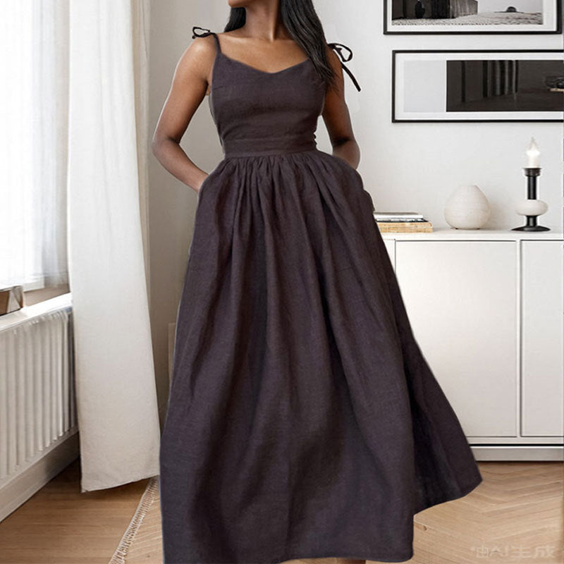 Variant image for Lena Damen Midi Kleid - Leinenmisch V-Ausschnitt, Offener Rücken, Sommerkleider für Freizeitveranstaltungen-21