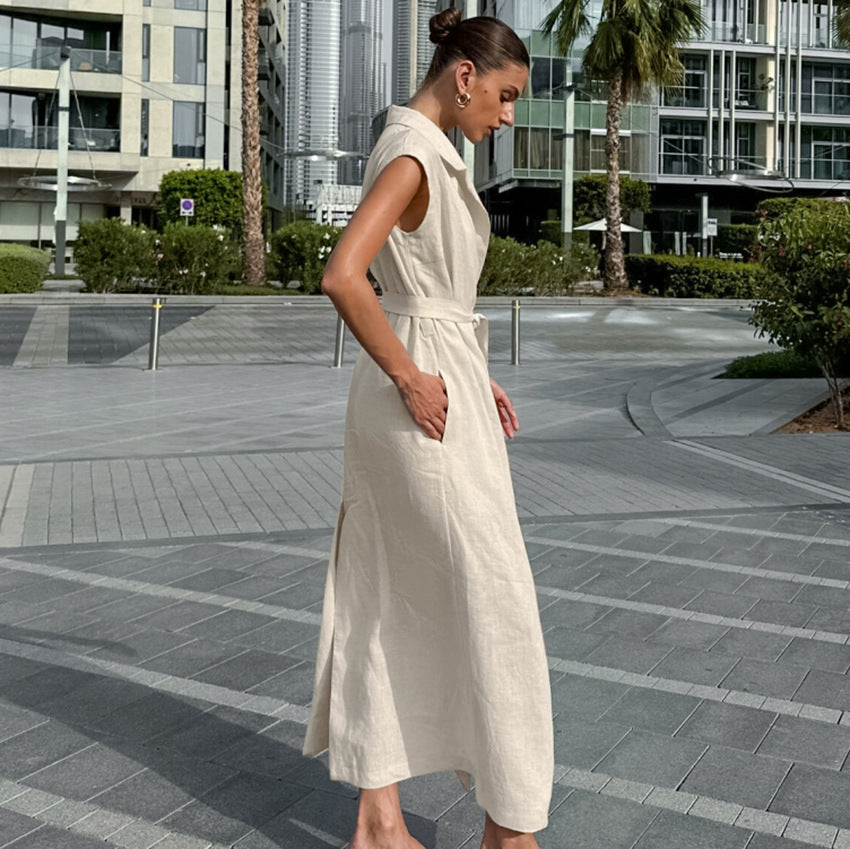 Lena Ärmelloses Damen Kleid aus Baumwollmischung mit Krawatte und Seitenschlitz – Elegantes Sommerkleid für Damen-2
