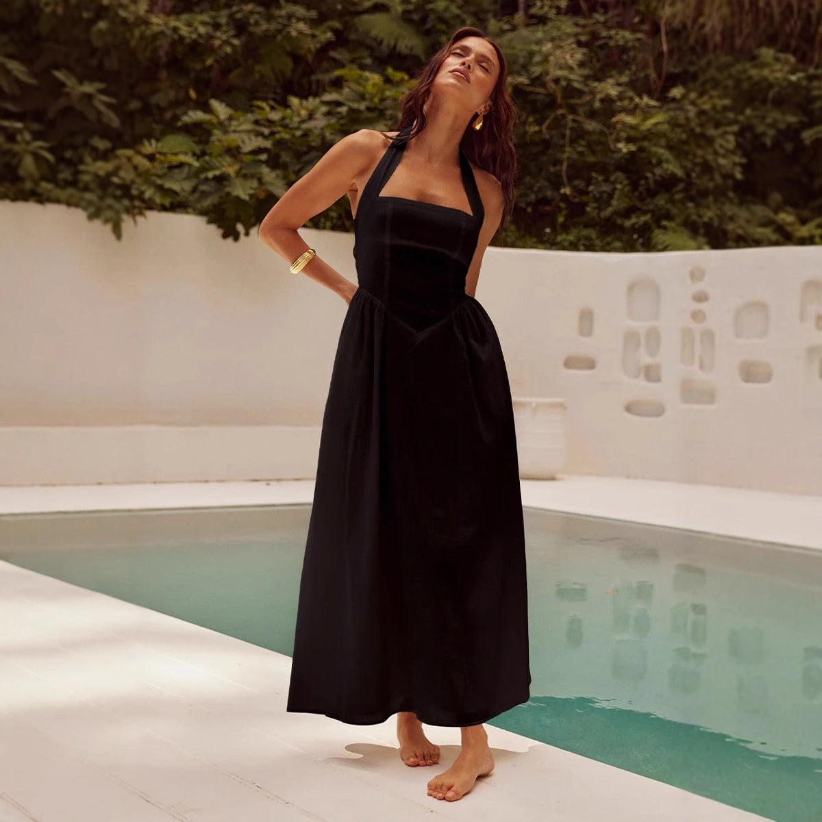 Lena Damen Halter Neck Kleid - Rückenloses Maxi Abendkleid für Elegante Anlässe Sommer-4