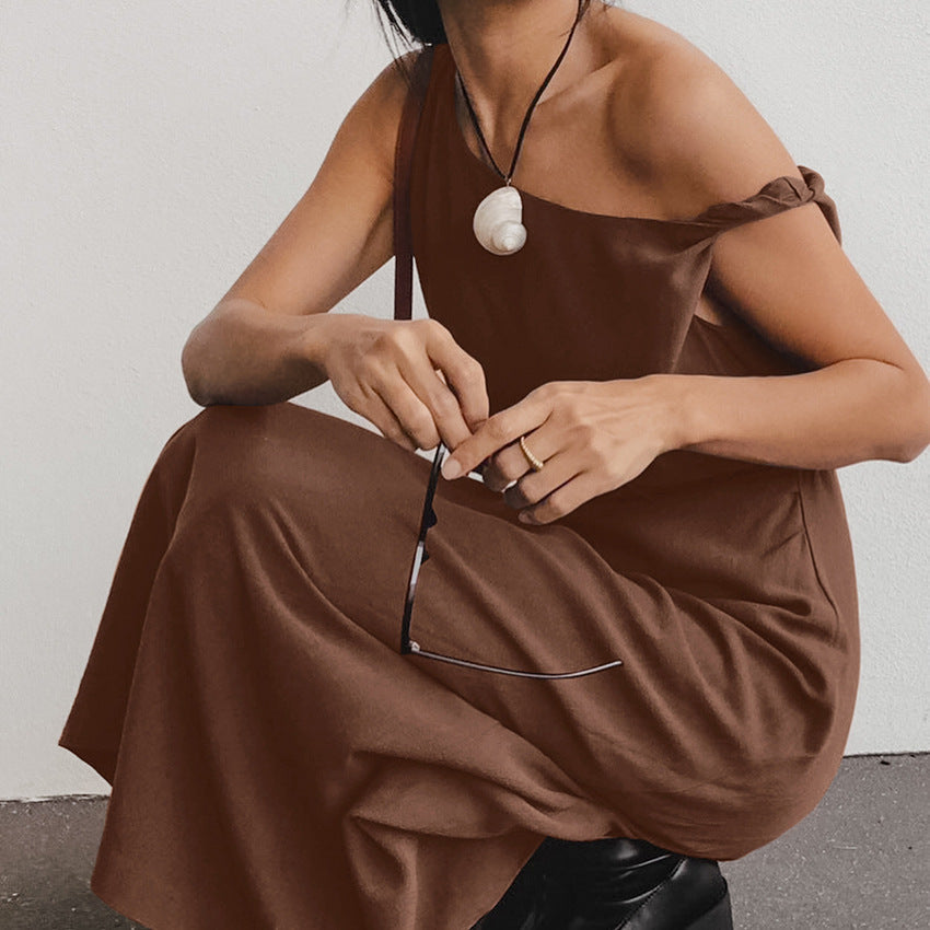 Damen One-Shoulder Kleid Beige Größe M Baumwoll-Leinen-Mischung - Elegantes Abendkleid für Hochzeitsgast und Sommerveranstaltungen-2