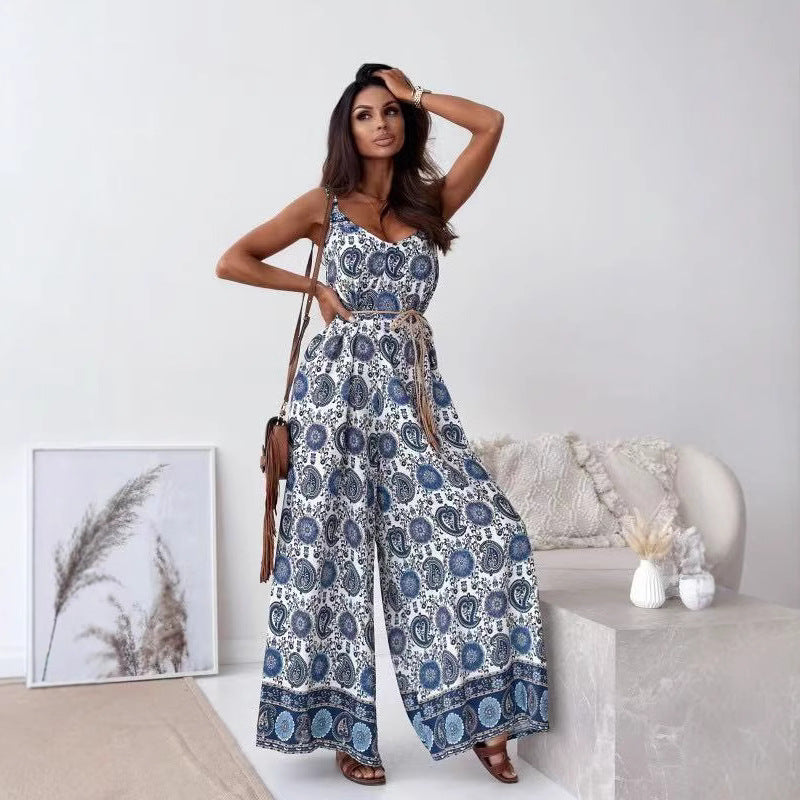 Lena Eleganter Jumpsuit Damen Weiß - V-Ausschnitt, Weites Bein, Gürtel Taille, Leichter Druckstoff für Sommer-3