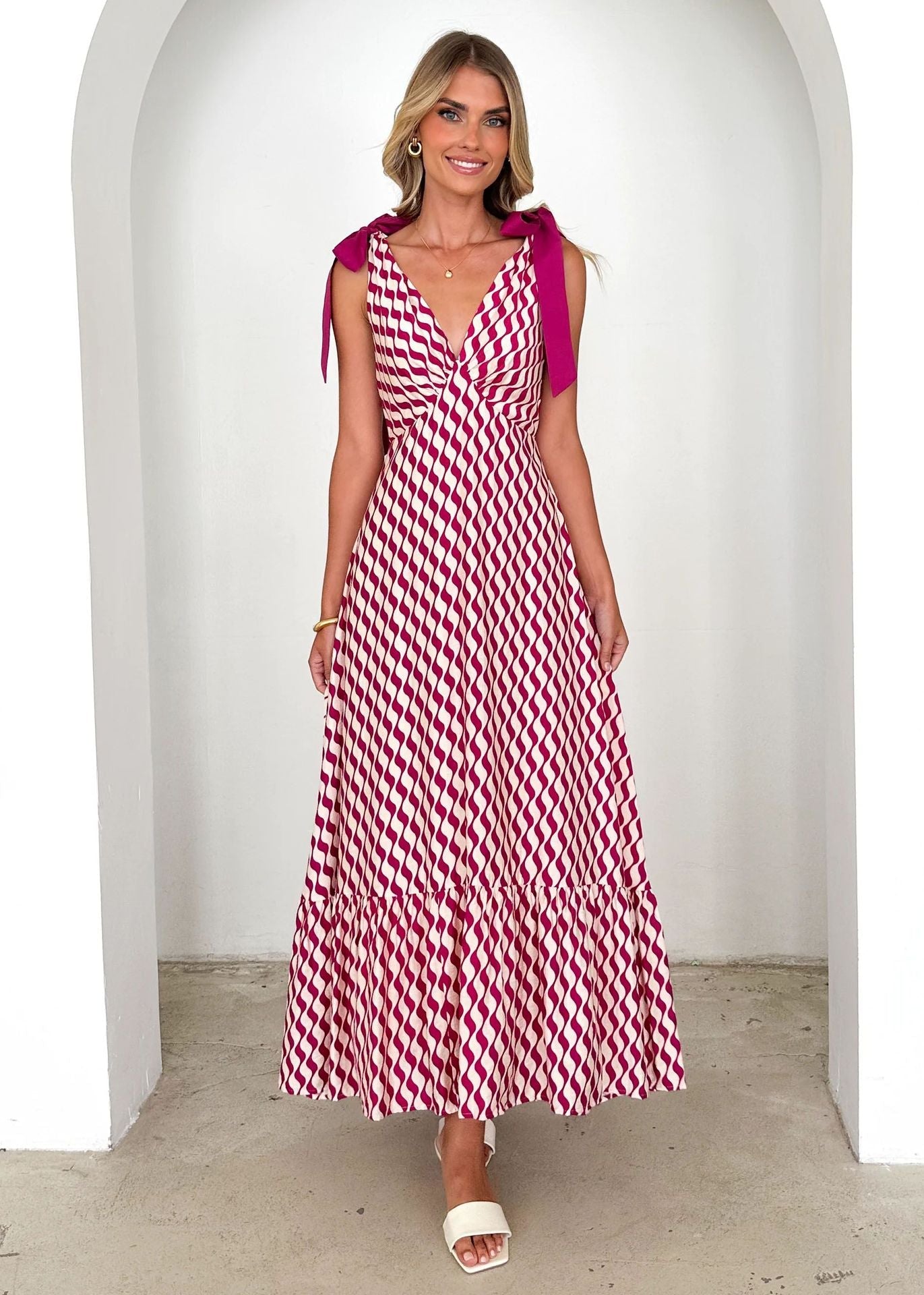 Lena Maxikleid Sommer Damen - Ärmelos mit V-Ausschnitt und Krawattenschulter - Fließender Rock im Gedruckten Design-6