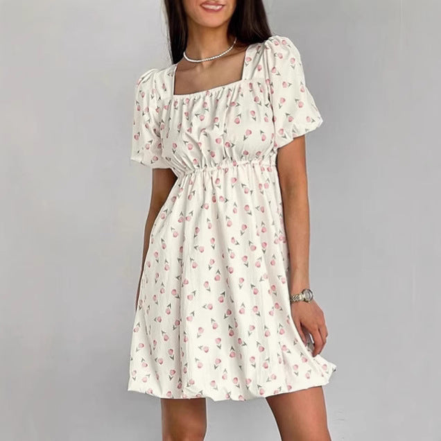 Damen A-Linien Kleid Blau Größe M Baumwollmischung mit Puffärmeln und Blumendruck-3