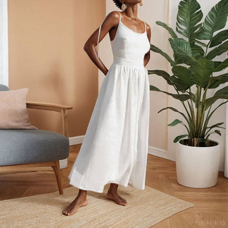 Lena Damen Midi Kleid - Leinenmisch V-Ausschnitt, Offener Rücken, Sommerkleider für Freizeitveranstaltungen-5