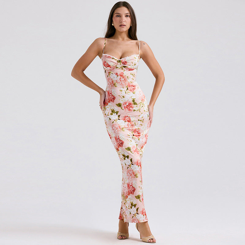 Variant image for Orion Elegantes Blumendruck Damenkleid - Slim Fit Satin mit Spaghetti-Trägern für Hochzeitsgast & festliche Anlässe-1