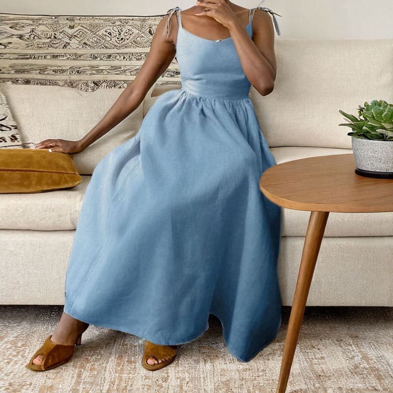 Variant image for Lena Damen Midi Kleid - Leinenmisch V-Ausschnitt, Offener Rücken, Sommerkleider für Freizeitveranstaltungen-13