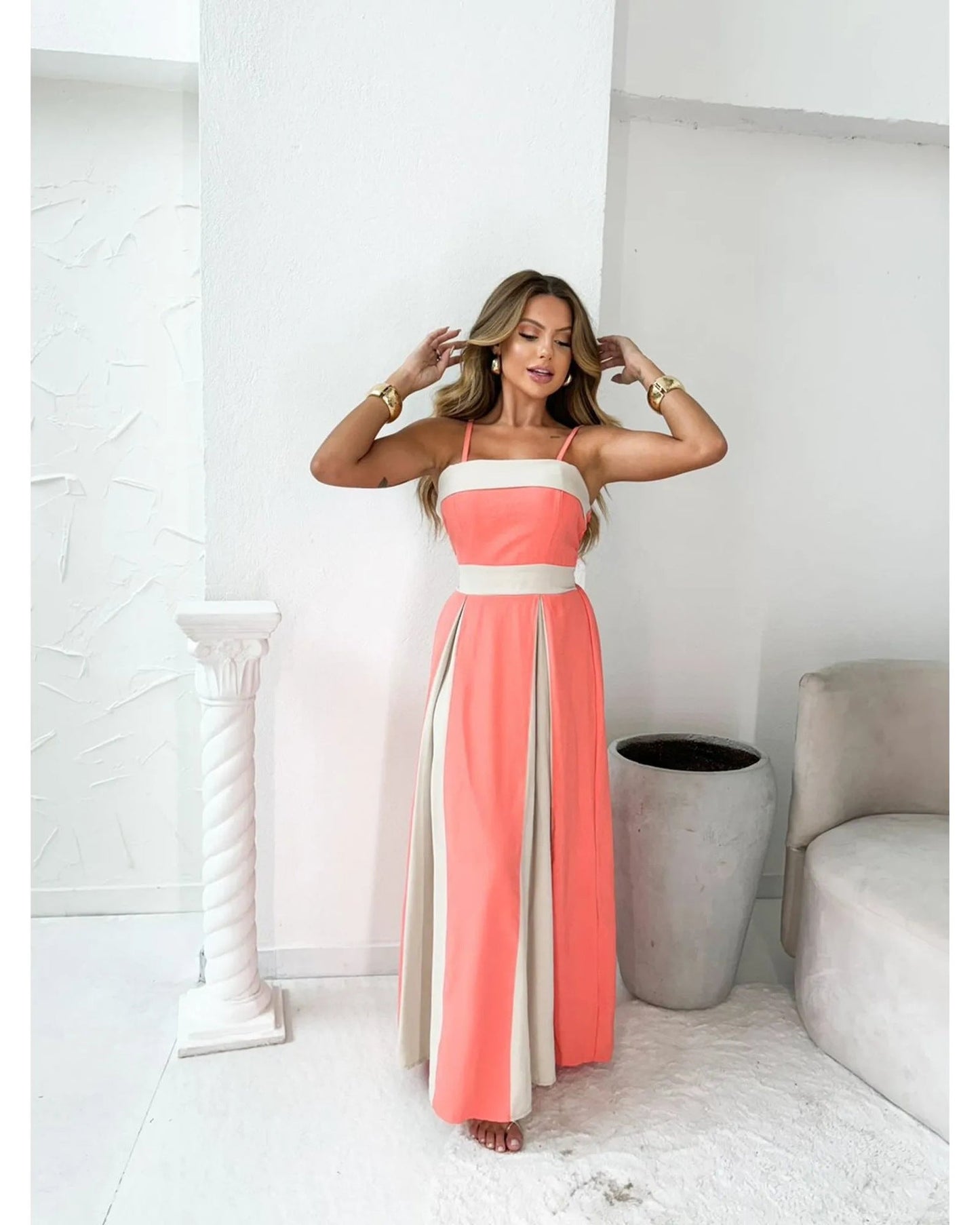 Lena Elegantes Maxikleid Sommer Damen - Ärmellos, Hohe Taille, Spaghetti-Träger, Fließender Rock-5