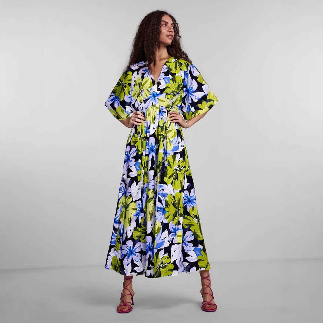 Lena Damen Midi Kleid - Hohe Taille, V-Ausschnitt, Breite Ärmel, Elegantes Sommerkleid für Hochzeitsgäste-4