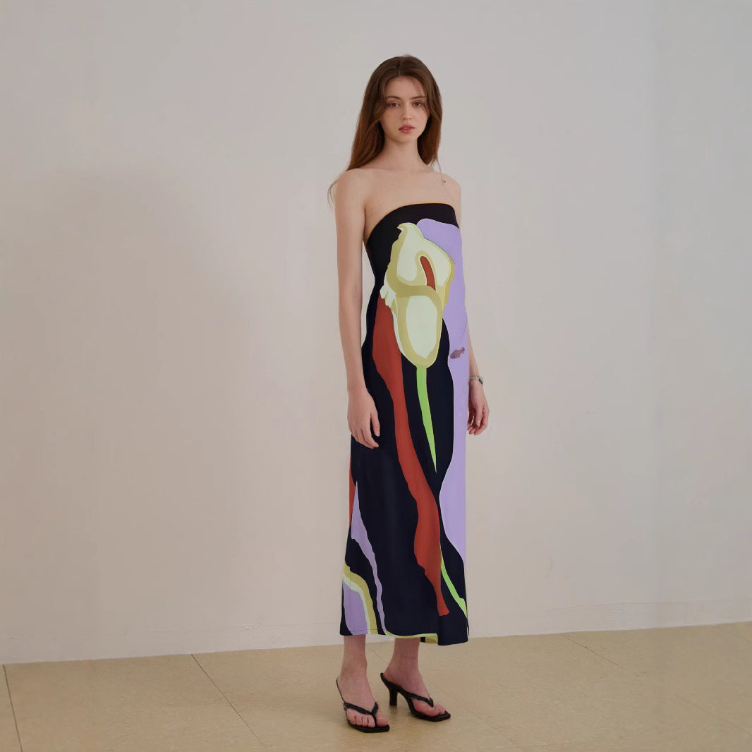 Lena Trägerloses Midi-Kleid Damen - Leichter Stoff, Fließende Passform, Abstrakter Druck, Ideal für Sommer und Abendveranstaltungen-4
