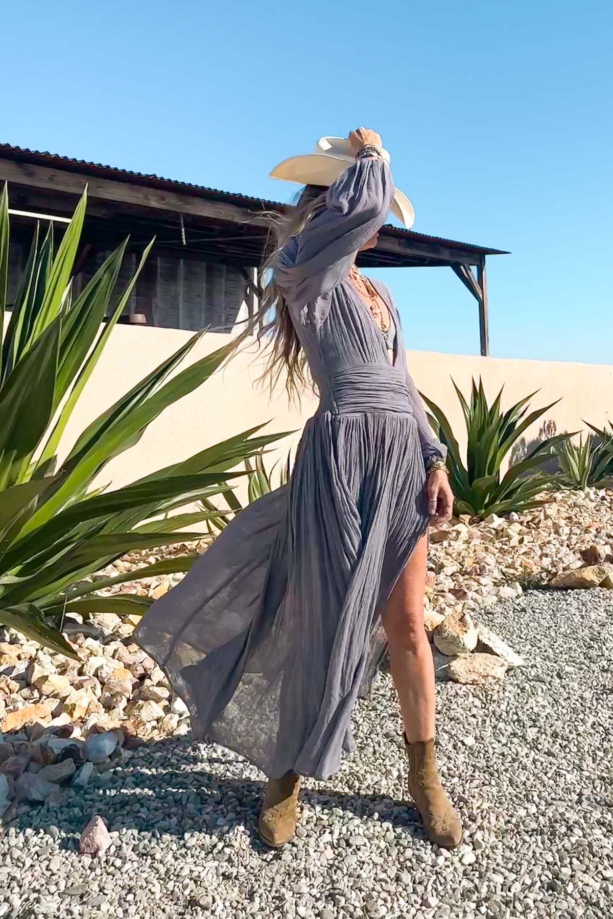 Lena Damenkleid Aus Leichter Baumwolle Mit V-Ausschnitt Und Langen Ärmeln Für Strand & Freizeit-5