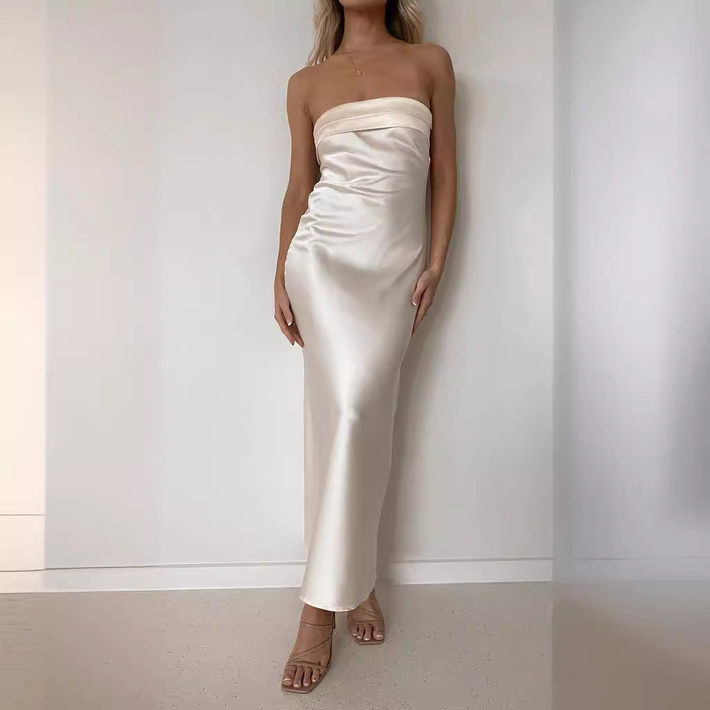 Lena Elegantes Maxikleid Damen - Trägerloses Satin Maxikleid Festlich für Sommer Events-2