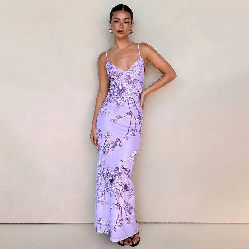 Variant image for Lena Maxikleid Damen - Slim Fit - V-Ausschnitt - Spaghetti-Träger - Blumendruck - Festlich & Sommer geeignet-1