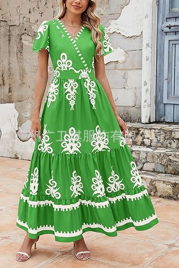 Variant image for Orion Elegantes Maxikleid Sommer Damen - V-Ausschnitt Blumendruck A-Linie Baumwollmischung Lange Kleider für Freizeit-9