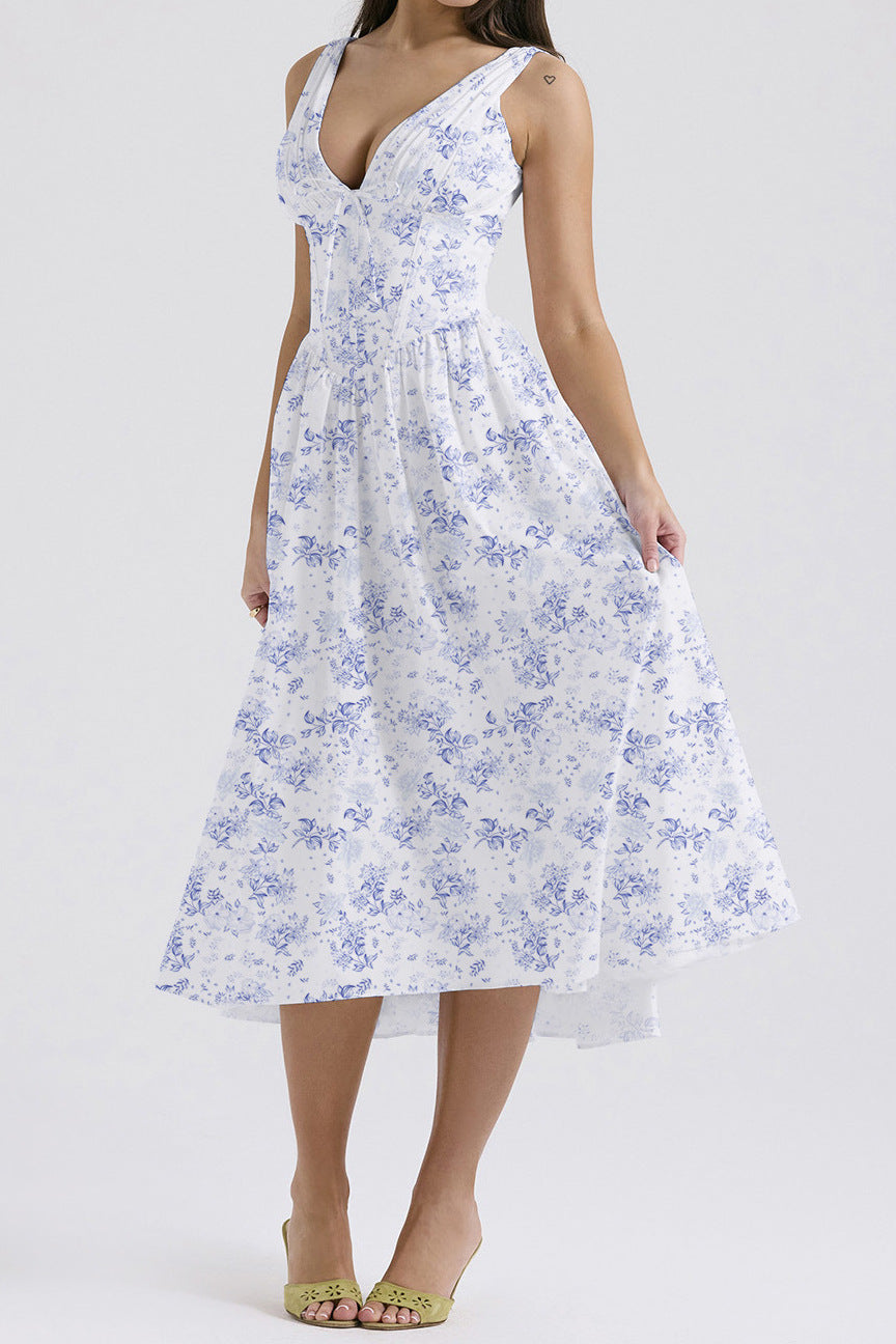 Variant image for Lena Ärmelloses Midi-Kleid V-Ausschnitt A-Line Blumendruck Damenkleid für Frühling und Sommer-27
