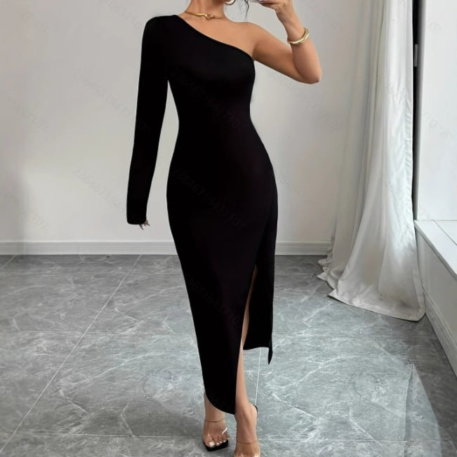 Damen Cocktailkleid Schwarz Größe M Polyester One-Shoulder mit Asymmetrischem Schlitz-2