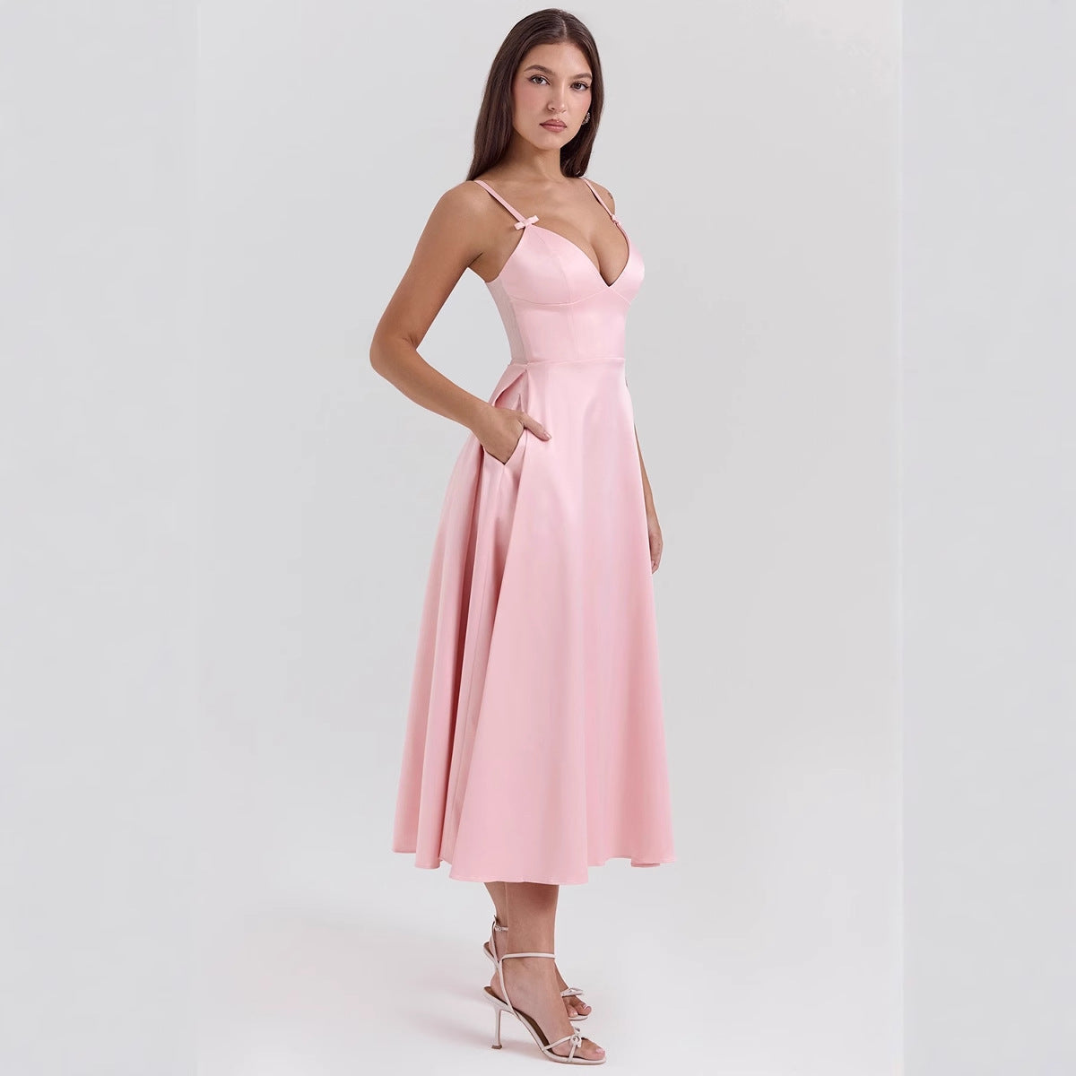 Orion Elegantes Satin-Kleid Damen - V-Ausschnitt Spaghetti-Träger A-Linie Festliches Kleid für Hochzeitsgast-2