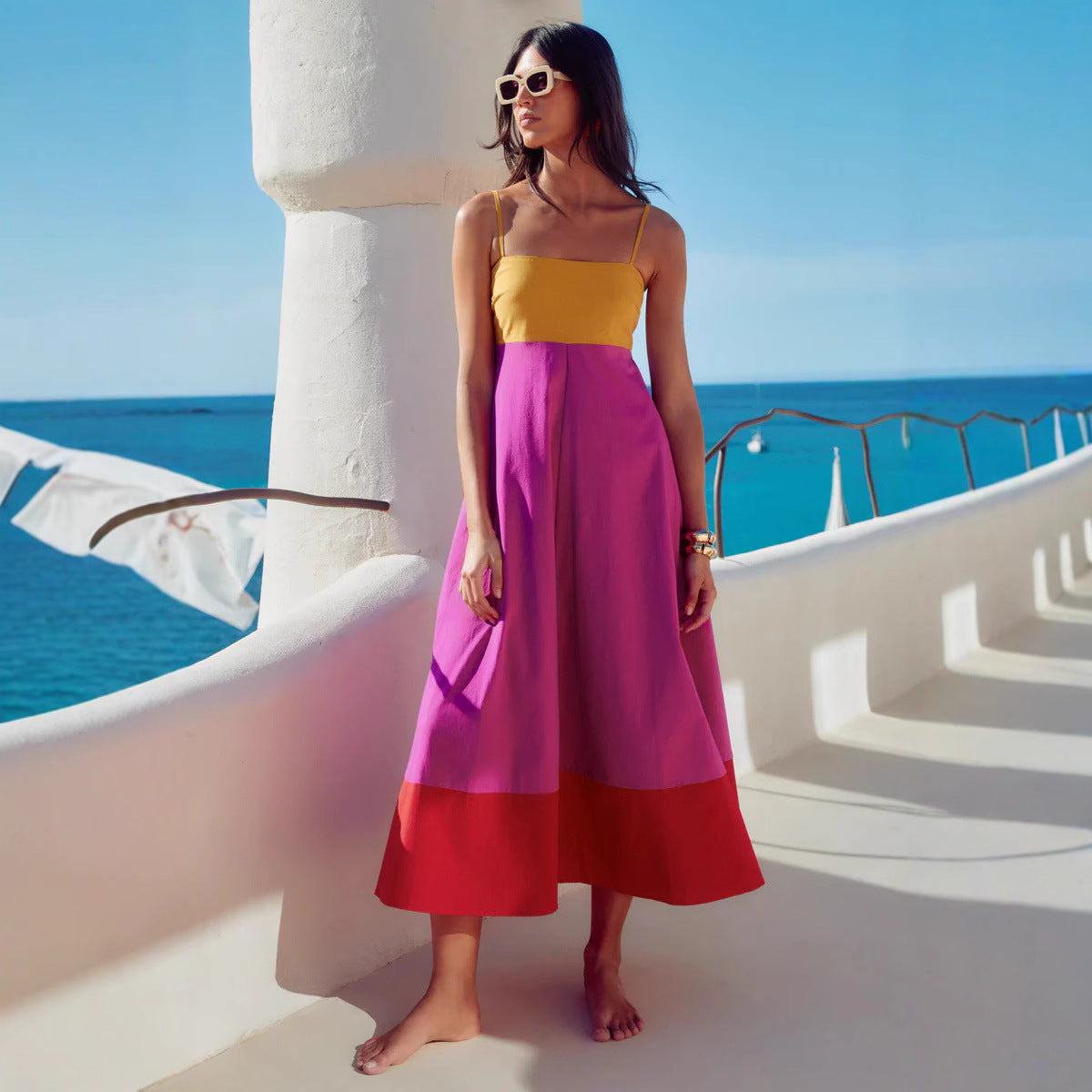Variant image for Lena Damenkleid - Langes Spaghetti-Träger Kleid mit Empire Taille - Fließende A-Linie für Sommer Strandlook-1