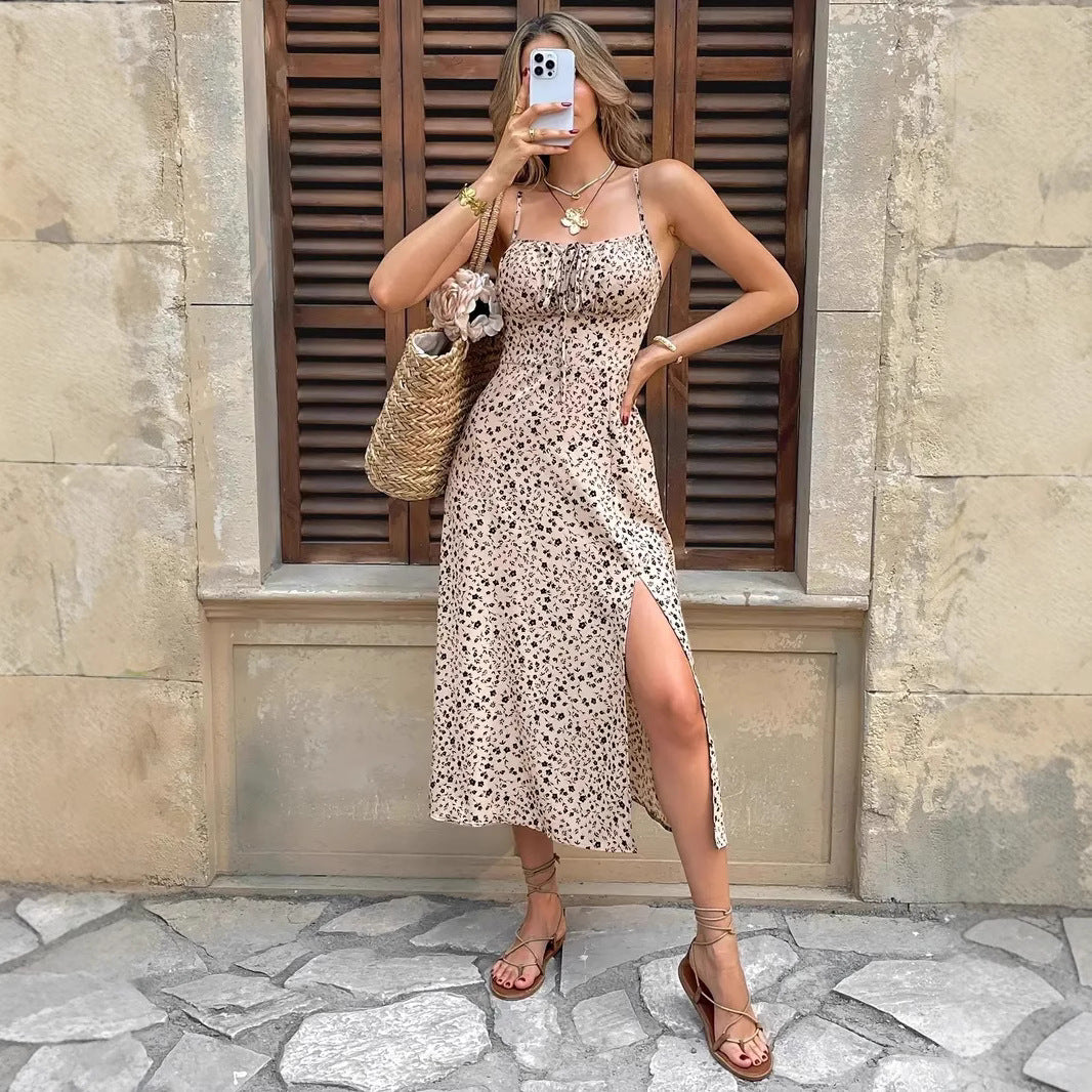 Lena Damen Midi Kleid - Slim Fit - Spaghetti-Träger - Blumendruck - Seitenschlitz - Sommerkleid für Damen-2