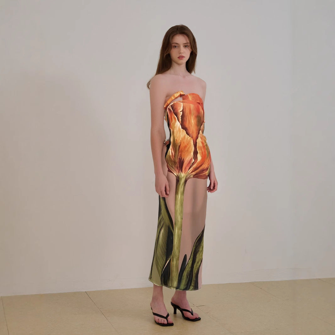 Lena Trägerloses Midi-Kleid Damen - Leichter Stoff, Fließende Passform, Abstrakter Druck, Ideal für Sommer und Abendveranstaltungen-3