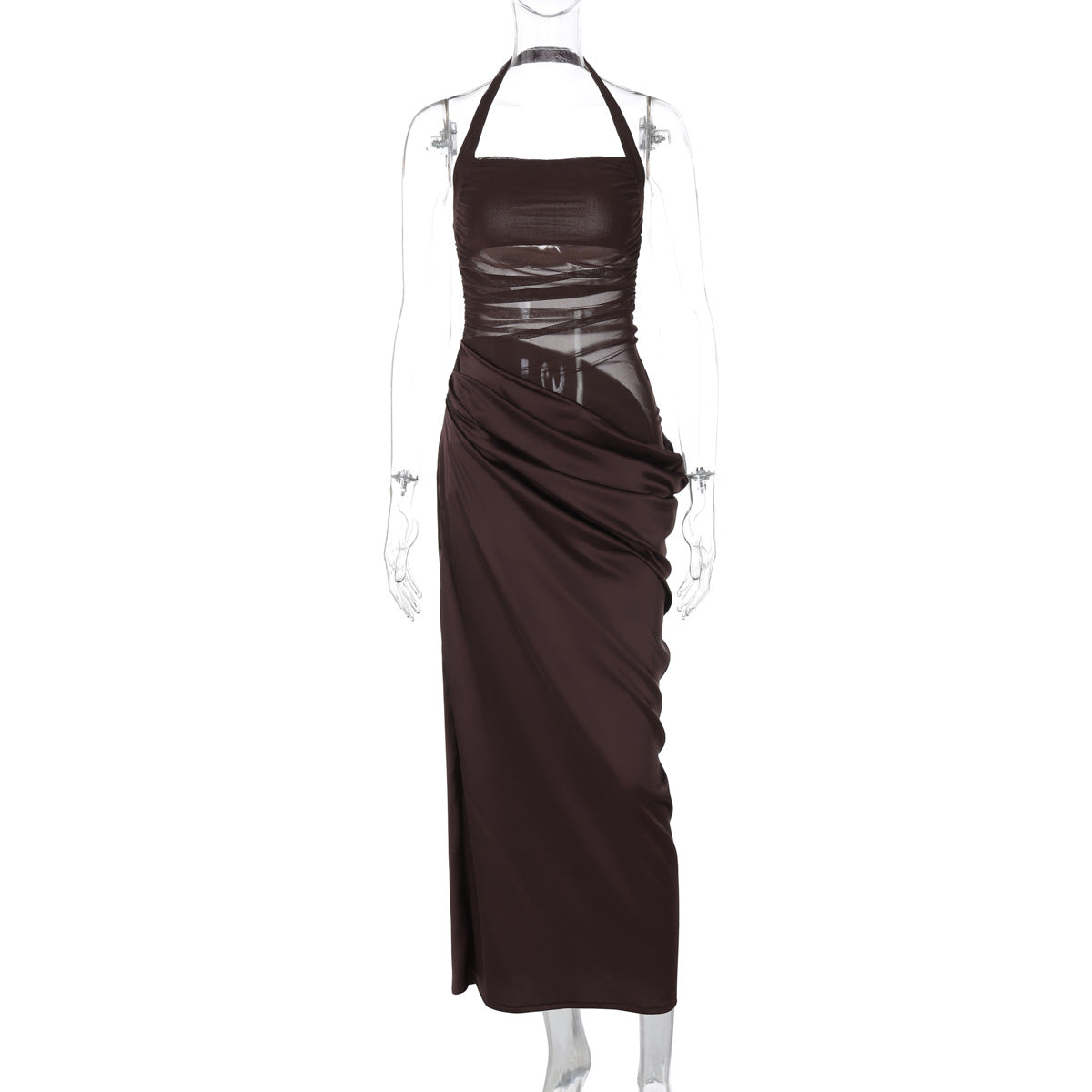 Variant image for Lena Maxikleid Sommer Damen - Elegantes Bodycon mit Halfterhals und Schieren Netzpaneelen für Abendmode-4